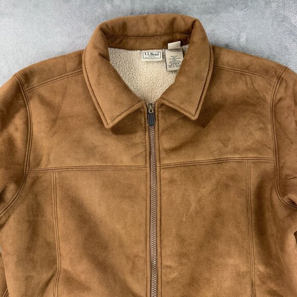 L.L. Bean Chore Barn Coat Sherpa Lined Faux Suede Jacket Mens Brown Fleece Large - Picture 5 of 12
